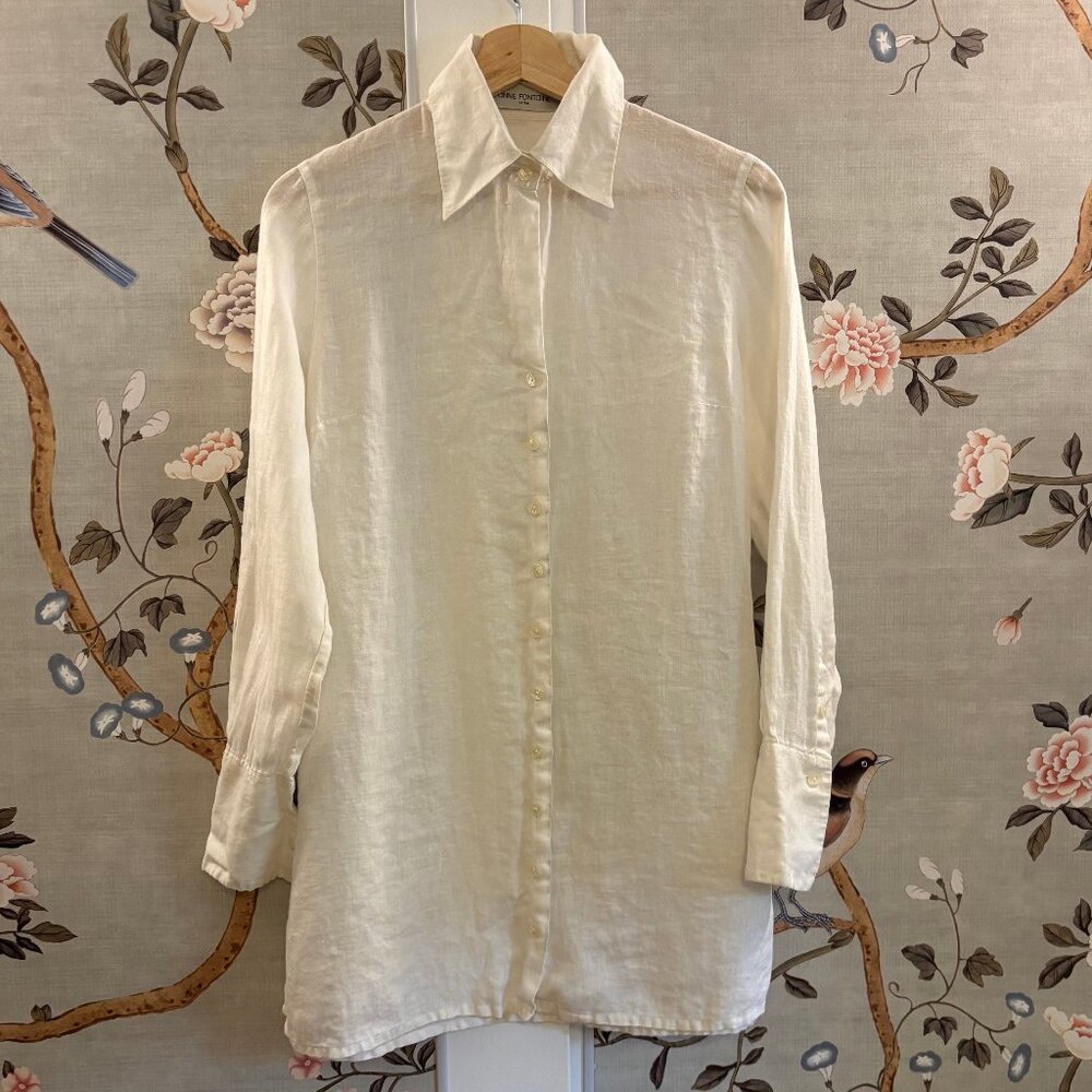 Anne Fontaine White Linen Button Up Shirt Tunic, FR 40